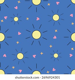 Sun Pattern on blue Background.  Yellow Sun Summer seamless Pattern with hearts vector illustration.abstract sun art seamless pattern on blue background. For textile, fabric and wallpape case