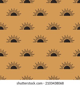 Sun pattern repeat wood carving illustration block printing design background texture. Vector illustration. Great for kids, outdoor adventure lovers and home decor projects. Surface pattern design.