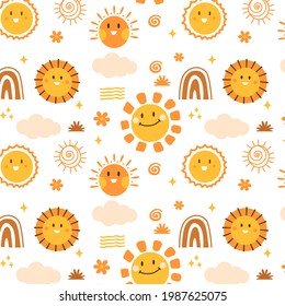 Sun pattern. Summer yellow, orange background. Sunshine print design ornament. Solar funny wallpaper. Abstract childish sunny  pattern. Sun texture decoration. Bright backdrop. Vector illustration