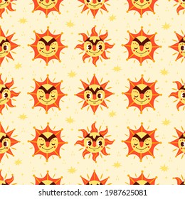 Sun pattern. Summer yellow, orange background. Sunshine print design ornament. Solar funny wallpaper. Abstract childish sunny  pattern. Sun texture decoration. Bright backdrop. Vector illustration