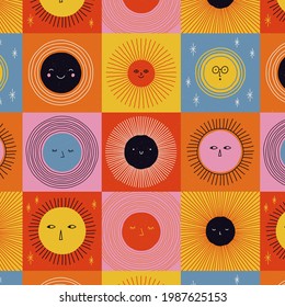 Sun pattern. Summer yellow, orange background. Sunshine print design ornament. Solar funny wallpaper. Abstract childish sunny  pattern. Sun texture decoration. Bright backdrop. Vector illustration