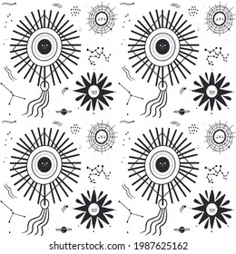 Sun pattern. Summer yellow, orange background. Sunshine print design ornament. Solar funny wallpaper. Abstract childish sunny  pattern. Sun texture decoration. Bright backdrop. Vector illustration