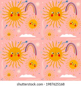 Sun pattern. Summer yellow, orange background. Sunshine print design ornament. Solar funny wallpaper. Abstract childish sunny  pattern. Sun texture decoration. Bright backdrop. Vector illustration
