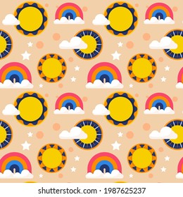 Sun pattern. Summer yellow, orange background. Sunshine print design ornament. Solar funny wallpaper. Abstract childish sunny  pattern. Sun texture decoration. Bright backdrop. Vector illustration