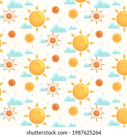 Sun pattern. Summer yellow, orange background. Sunshine print design ornament. Solar funny wallpaper. Abstract childish sunny  pattern. Sun texture decoration. Bright backdrop. Vector illustration