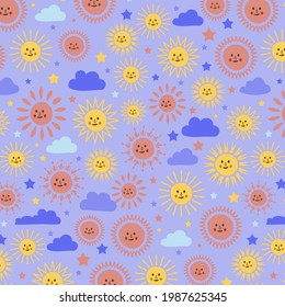 Sun pattern. Summer yellow, orange background. Sunshine print design ornament. Solar funny wallpaper. Abstract childish sunny  pattern. Sun texture decoration. Bright backdrop. Vector illustration