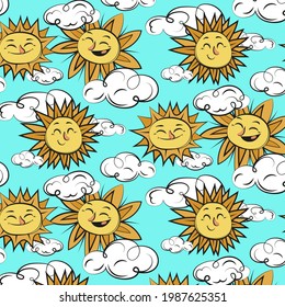 Sun pattern. Summer yellow, orange background. Sunshine print design ornament. Solar funny wallpaper. Abstract childish sunny  pattern. Sun texture decoration. Bright backdrop. Vector illustration