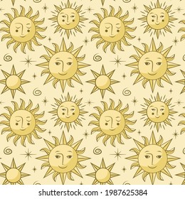 Sun pattern. Summer yellow, orange background. Sunshine print design ornament. Solar funny wallpaper. Abstract childish sunny  pattern. Sun texture decoration. Bright backdrop. Vector illustration