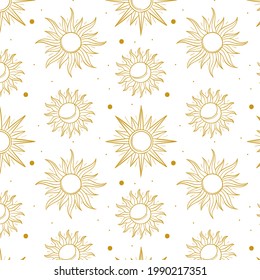 Sun pattern. Summer yellow, orange background. Sunshine print design ornament. Solar funny wallpaper. Abstract childish sunny  pattern. Sun texture decoration. Bright backdrop. Vector illustration