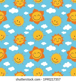 Sun pattern. Summer yellow, orange background. Sunshine print design ornament. Solar funny wallpaper. Abstract childish sunny  pattern. Sun texture decoration. Bright backdrop. Vector illustration