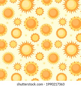 Sun pattern. Summer yellow, orange background. Sunshine print design ornament. Solar funny wallpaper. Abstract childish sunny  pattern. Sun texture decoration. Bright backdrop. Vector illustration