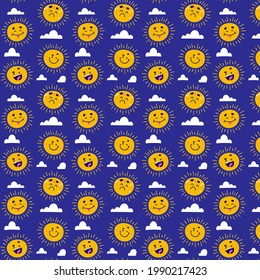 Sun pattern. Summer yellow, orange background. Sunshine print design ornament. Solar funny wallpaper. Abstract childish sunny  pattern. Sun texture decoration. Bright backdrop. Vector illustration