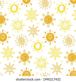 Sun pattern. Summer yellow, orange background. Sunshine print design ornament. Solar funny wallpaper. Abstract childish sunny  pattern. Sun texture decoration. Bright backdrop. Vector illustration