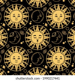 Sun pattern. Summer yellow, orange background. Sunshine print design ornament. Solar funny wallpaper. Abstract childish sunny  pattern. Sun texture decoration. Bright backdrop. Vector illustration