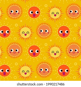 Sun pattern. Summer yellow, orange background. Sunshine print design ornament. Solar funny wallpaper. Abstract childish sunny  pattern. Sun texture decoration. Bright backdrop. Vector illustration