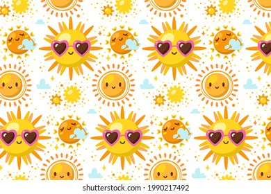 Sun pattern. Summer yellow, orange background. Sunshine print design ornament. Solar funny wallpaper. Abstract childish sunny  pattern. Sun texture decoration. Bright backdrop. Vector illustration