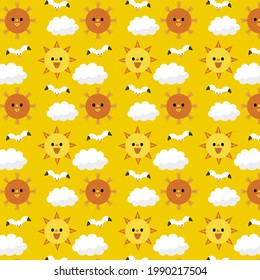 Sun pattern. Summer yellow, orange background. Sunshine print design ornament. Solar funny wallpaper. Abstract childish sunny  pattern. Sun texture decoration. Bright backdrop. Vector illustration