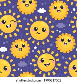 Sun pattern. Summer yellow, orange background. Sunshine print design ornament. Solar funny wallpaper. Abstract childish sunny  pattern. Sun texture decoration. Bright backdrop. Vector illustration