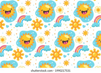 Sun pattern. Summer yellow, orange background. Sunshine print design ornament. Solar funny wallpaper. Abstract childish sunny  pattern. Sun texture decoration. Bright backdrop. Vector illustration