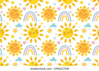 Sun pattern. Summer yellow, orange background. Sunshine print design ornament. Solar funny wallpaper. Abstract childish sunny  pattern. Sun texture decoration. Bright backdrop. Vector illustration