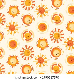 Sun pattern. Summer yellow, orange background. Sunshine print design ornament. Solar funny wallpaper. Abstract childish sunny  pattern. Sun texture decoration. Bright backdrop. Vector illustration