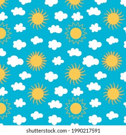 Sun pattern. Summer yellow, orange background. Sunshine print design ornament. Solar funny wallpaper. Abstract childish sunny  pattern. Sun texture decoration. Bright backdrop. Vector illustration