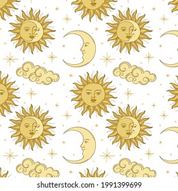 Sun pattern. Summer yellow, orange background. Sunshine print design ornament. Solar funny wallpaper. Abstract childish sunny  pattern. Sun texture decoration. Bright backdrop. Vector illustration