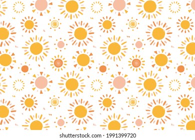 Sun pattern. Summer yellow, orange background. Sunshine print design ornament. Solar funny wallpaper. Abstract childish sunny  pattern. Sun texture decoration. Bright backdrop. Vector illustration