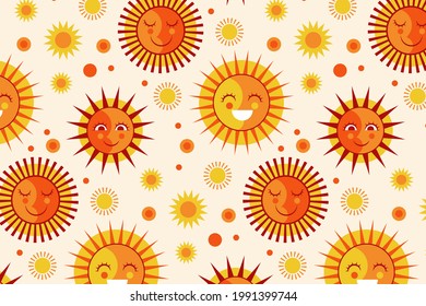 Sun pattern. Summer yellow, orange background. Sunshine print design ornament. Solar funny wallpaper. Abstract childish sunny  pattern. Sun texture decoration. Bright backdrop. Vector illustration