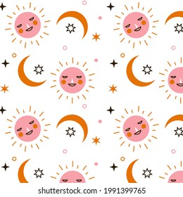 Sun pattern. Summer yellow, orange background. Sunshine print design ornament. Solar funny wallpaper. Abstract childish sunny  pattern. Sun texture decoration. Bright backdrop. Vector illustration