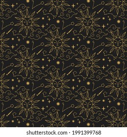 Sun pattern. Summer yellow, orange background. Sunshine print design ornament. Solar funny wallpaper. Abstract childish sunny  pattern. Sun texture decoration. Bright backdrop. Vector illustration