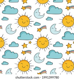 Sun pattern. Summer yellow, orange background. Sunshine print design ornament. Solar funny wallpaper. Abstract childish sunny  pattern. Sun texture decoration. Bright backdrop. Vector illustration