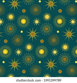 Sun pattern. Summer yellow, orange background. Sunshine print design ornament. Solar funny wallpaper. Abstract childish sunny  pattern. Sun texture decoration. Bright backdrop. Vector illustration