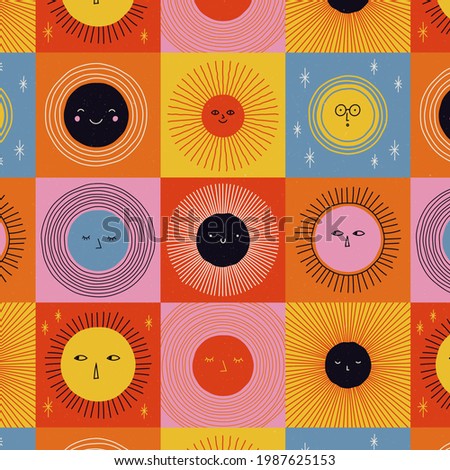 Sun pattern. Summer yellow, orange background. Sunshine print design ornament. Solar funny wallpaper. Abstract childish sunny  pattern. Sun texture decoration. Bright backdrop. Vector illustration