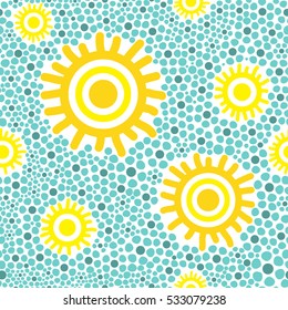 Sun pattern vector seamless. Yellow sunny kids wallpaper print on green background. 