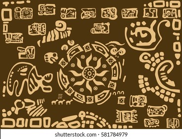 The sun in the patterns of ancient civilizations.
Images of characters of ancient American Indians.The Aztecs, Mayans, Incas.