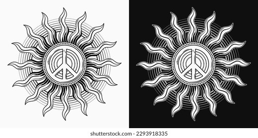 Sun with peace sign. Solar sign for groovy, hippie style. Vector illustration in vintage style on black, white background. Good for groovy, hippie style