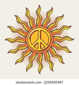 Sol con señal de paz. Signo solar para groovy, estilo hippie. Ilustración vectorial en estilo vintage sobre fondo blanco. Bueno para el groovy estilo hippie