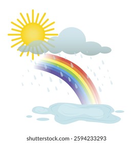 The sun peeked out from behind the rainy cloud and a rainbow appeared. Vector illustration on the theme of weather