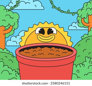 A sun peeking out from behind a flower pot cartoon vector hand drawn retro illustration perfect for gardening and nature themes