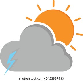 a sun peeking through dark clouds with a lightning bolt is perfect for weather forecasts, presentations, and infographics.