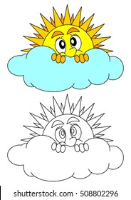 The sun peeks shyly behind a cloud - coloring book for young children - vector