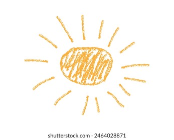 Sun pencil drawn isolated on white. Charcoal kids illustration. Sunny summer holidays simple icon. Doodle abstract drawing. Funny childish scribble element for design