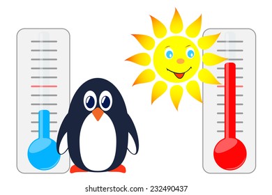 Sun and penguin with thermometers. Vector illustration.