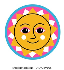 Sun personage with smile on face, isolated character with positive expression. Cute sticker or emoticon for chatting, rounded shape with rays and happy joyful facial look. Vector in flat style