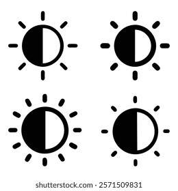 Sun phase icon collection, A set of nine black sun icons depicting different phases and light contrasts, ideal for weather, daylight, and seasonal themes. 
