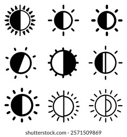 Sun phase icon collection, A set of nine black sun icons depicting different phases and light contrasts, ideal for weather, daylight, and seasonal themes. 