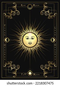 Sun and Phases of Moon isolated on black. Medieval Astrological vector Illustration
