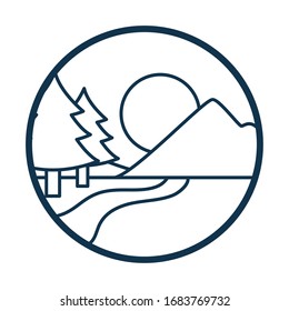 Sun and pine trees line style icon design, Landscape nature earth eco ecology conservation bio environment and outdoor theme Vector illustration