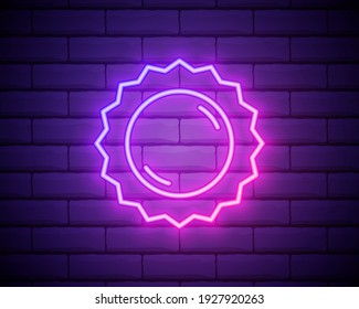 Sun pink glowing neon ui ux icon. Glowing sign logo vector isolated on brick wall backogrund.